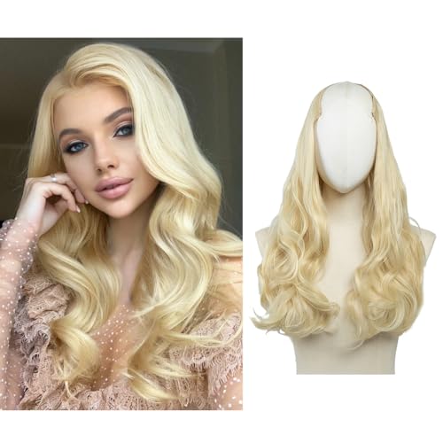SARLA Clip in U Part Hair Extensions Synthetic Long Wavy Curly Thick Full Head Hairpiece for Women Beach Blonde 24 Inch