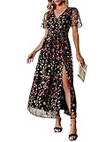BerryGo Women's Mesh Short Sleeve Floral Lace Semi Formal Dress V Neck Long Maxi Dress for Wedding Guest with Slit Lace Black M