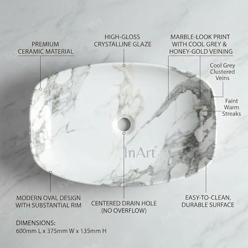 Image of Inart Ceramic Counter Top Wash Basin in Matt White Grey - Modern Design for Bathroom, Kitchen, Living Room - 60x37x13.5 cm (White Marble 5)