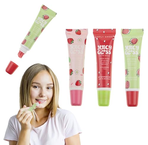 EXPRESSIONS 3pc Juicy Gloss Set for Girls | High-Shine, Fruit Flavored Lip Gloss for All Ages | Non-Toxic, Moisturizing Makeup for Teens & Adults (STRAWBERRY)
