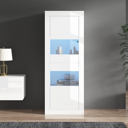 Sweiko Vitrine Blanche Brillante avec éclairage LED 61 * 42 * 162 cm, Armoire de Rangement à Grande Hauteur avec 1 étagère en Verre