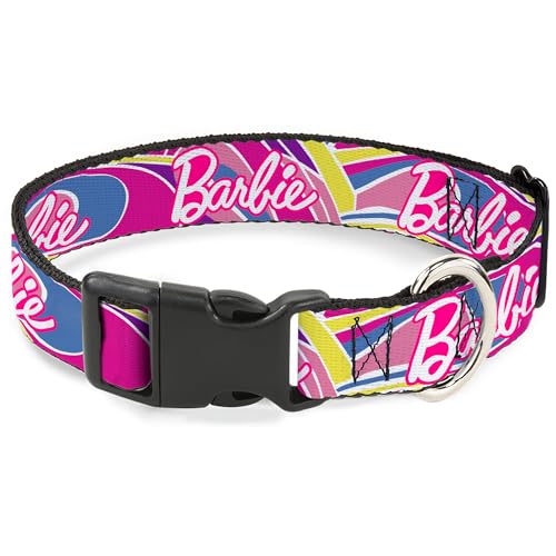 Mattel Dog Collar with Plastic Buckle, Quick Release, Easy Adjustable, Barbie Script Signature Logo Abstract Multi Color White, 8.5 to 12 Inches 0.5 Inch Wide by Buckle-Down - Used condition - US$16.15