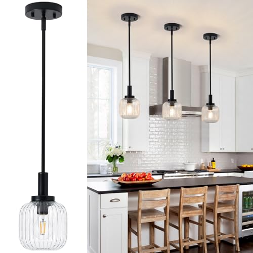Osimir Glass Pendant Lights Kitchen Island, 1-Light 5.9" Black Modern Pendant Light with Clear Glass and Rods, Mini Hanging Lighting for Kitchen Sink Bathroom Bedroom, OS-YQ7749-1PBK