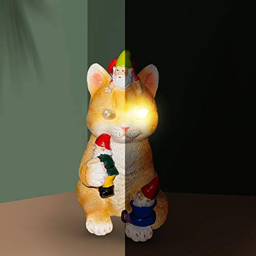Solar Powered Funny Cat Statue - Colorful Garden Gnomes, Cute Cat Statue, Energy Saving Sculpture, Resin Art Figurine, Indoor Outdoor Ornament Decor Yard, Lawn Or Home Gift #TOP4