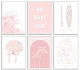 6pcs Pink Coastal Beach Preppy Wall Art Surfer Girl Bow Shells Aesthetic Painting Picture Wall Decor No Wake Zone Poster Print Artwork for Bedroom Bathroom Living Room Preppy Dorm Home Decoration