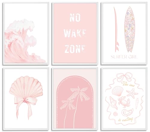 6pcs Pink Coastal Beach Preppy Wall Art Surfer Girl Bow Shells Aesthetic Painting Picture Wall Decor No Wake Zone Poster Print Artwork for Bedroom Bathroom Living Room Preppy Dorm Home Decoration