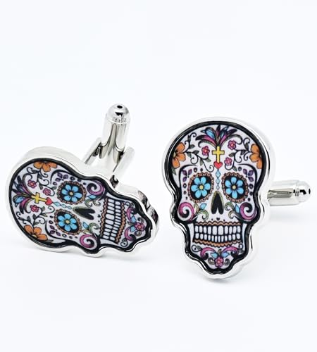 Mancuernillas calavera multicolor para hombre miniatura 5