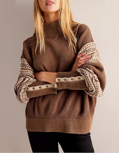 chouyatou Women's Fall Tribal Patterned Pullover Sweater Mock Neck Color Block Knit Jumper Sweater Top4