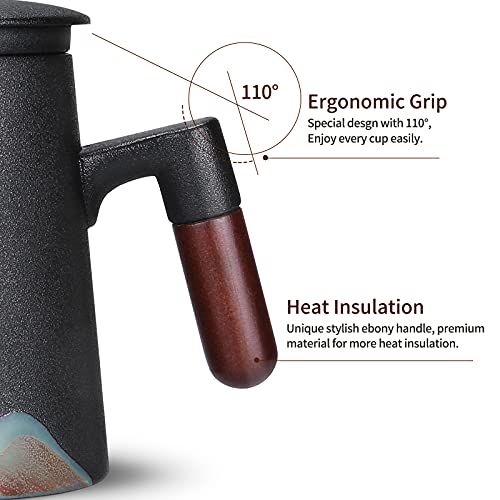 Enjohos Wooden Handle Tea Mug Japanese Style Large Ceramic Tea Cup With Infuser And Lid, Fine Porcelain Infuser Mug For Work Life Gift (14 Oz, Matte Black) #TOP2