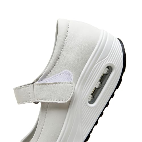 EnllerviiD Women Mary Jane Shoes Buckle Air-Cushion Casual Chunky Heel Round Toe Uniform Dress Platform Wedge Shoes Comfort Pumps Walking Shoes All-White402