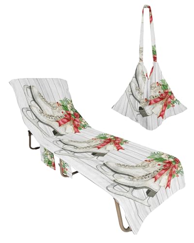 Christmas Farmhouse Beach Chair Towel Covers for Chaise Lounge with Side Pocket, Soft Plush Pool Towels Cover for Patio Sunbathing Outdoor 29''x85'' Wood Grain White Skate