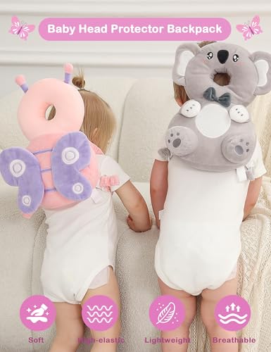 Image of JunNeng Baby Head Protector Backpack for Walking Crawling, Dot Butterfly | Soft, Breathable, Adjustable, Baby Fall Back Head Protector for Falling, Purple Dots Butterfly