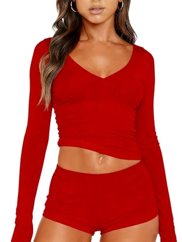 Image of Dressmine Sexy Pajamas Set for Women Spring Pj Lounge Sets 2 Piece Cute Sleepwear Long Sleeve V Neck Y2K Tops Shorts