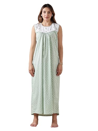 Image of 9shines Label Cotton Sleeveless Nighty | All Over Print Maxi Night wear for Women | Full Length Night Gown Night Dress for Women Stylish (Cotton Sleeveless 25)