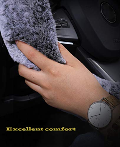 3Pcs Set Womens Winter Fashion Wool Fur Soft Furry Steering Wheel Covers Blue Fluffy Handbrake Cover Gear Shift Cover Fuzz Warm Non-Slip Car Decoration Short Hair #TOP2