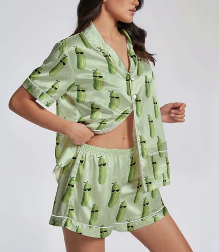 Women Satin Pajama Set, 2 Piece Short Sleeve Button Down Top and Shorts Loungewear, Cute Sleepwear & Holiday4