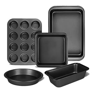 5 Stück Küche Antihaft-Backform Set 5-Teiliges Backformen Antihaft-Set,mit Runder/Eckiger Kuchenform,Muffinform,Brotform,Backform und Backblech,Langlebiges und Kratzfestes