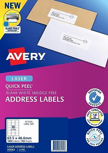 Avery Address Labels with Quick Peel™ for Laser Printers, 63.5 x 46.6 mm, 1800 Labels (959002 / L7161)