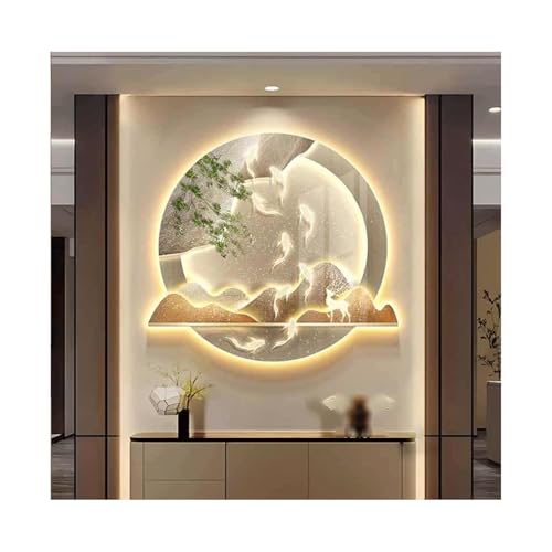 UPJAKS Decoración de Arte de Pared de Paisaje con LED 3D con luz de Entrada de Nueve Peces de Entrada de la Imagen con la Escultura Mural de la Entrada de la montaña y el árbol