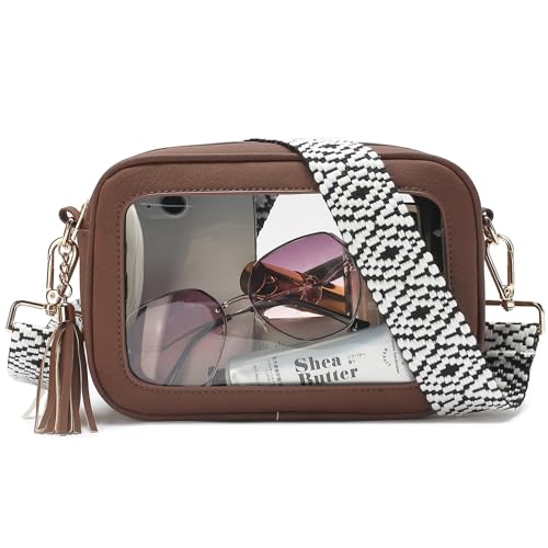 LOXOMU Clear Cross Body Bag Stadium Approved - Waterproof Clear Handbag for Women Transparent Stadium Bag with Adjustable Guitar Strap and Tassels for Concert (Coffee)