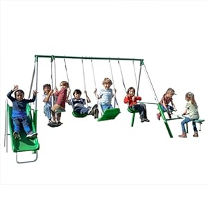 Sportspower Park Ridge Metal Swing Set: 2 Swings/Standing Swing, 2 Person Roman Glider Swing, Teeter Totter and 5′ Wavy Slide, EXCEEDS ASTM Safety Standards *Bonus 4pc Anchor Kit*