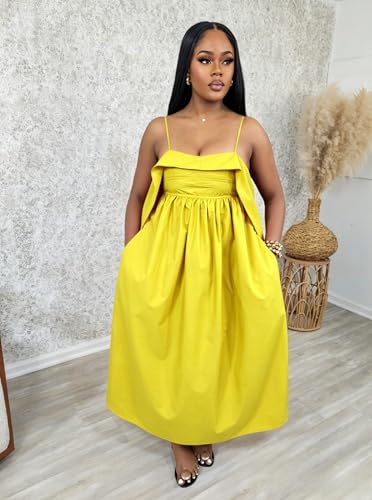 Image of YUEWOO Midi Dresses for Women Casual Summer Sundresses Vacation Outfits Spaghetti Strap Smocked Women Maxi Dress with Pockets