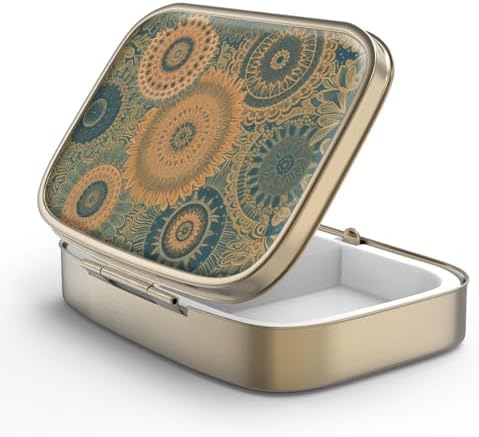 Pill Case Pill Box with Mirror Retro 2 Compartment Small Pill Case for Purse or Pocket Bronze Rectangular Pill Box or Vitamins, Fish Oil, Supplements, Pill Containe Travel Gifts(Retro Mandala)