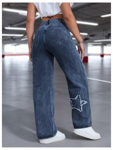 WDIRARA Women's Star Patchwork Jeans High Waisted Straight Leg Denim Pants3