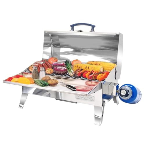 Magma Cabo Grill - Marine-Grade Stainless Steel Barbecue Grill for Boats - Portable Propane Gas with 9”x18” Grilling Surface - Heat-Resistant Handle, Fold-Away Legs - Ideal Boat Accessory