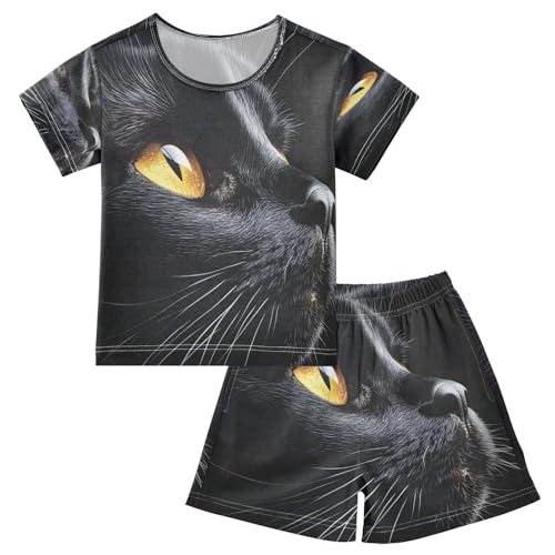 ALAZA Cat Head Animal Eye Pajamas Set Short Sleeve Cotton Sleepwear Summer Pjs 2 Piece 5-14Y