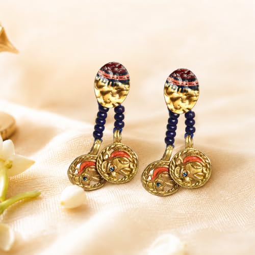 Image of Royal Queen & Empress Handcrafted Tribal Dhokra Earrings Collection for Women - Wooden, Fabric & Round Statement Ethnic Designs in Multiple Colours