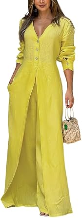 UOOZEE Womens Elegant V Neck Wide Leg Jumpsuits Buttons Front Business Casual Elastic Waist Long Pants Rompers