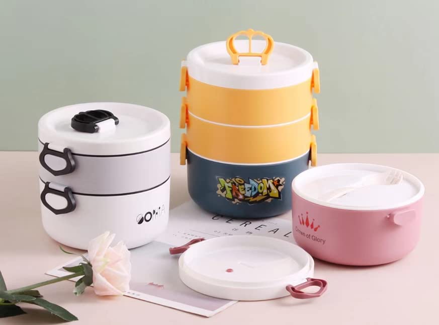 GNEY Detachable and Freely Three Layers Round Insulation Office Air Tight Lunch Box, Portable Leak Proof Bento Lunch Box for Kids (Multi)
