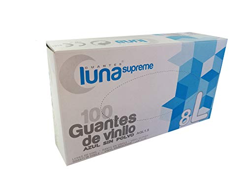 Guantes de Vinilo Sin Polvo 100 Unidades, Ambidextro. Indicado para uso sanitario, industrial y alimentario.Libre de látex (L GRANDE, AZUL)
