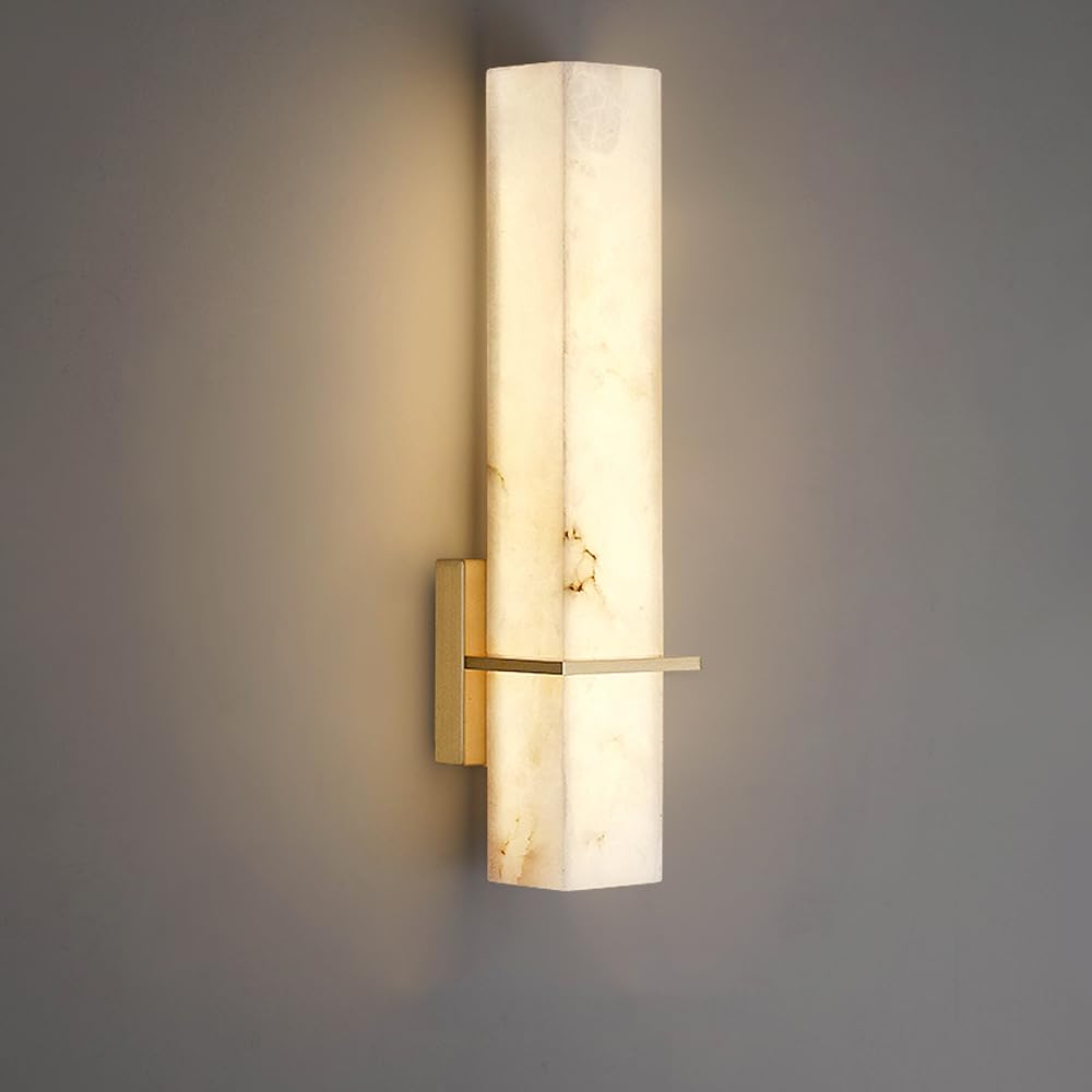 HUAYUSEDF Alabaster Wall Sconce Hardwired 18.9In Natural Modern Bedroom Bedside Marble Lamp for Bathroom Vanity Light Fixture Mirror Stone for Hallway Living Ro