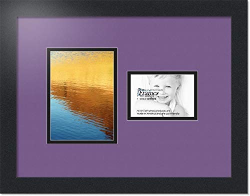 ArtToFrames Collage Photo Frame Double Mat with 1-3.5x5, 5x7 Openings with Satin Black Frame and Grape mat.