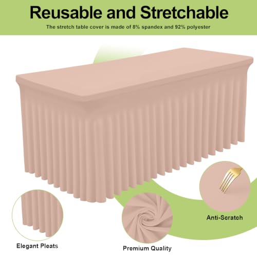 Image of Smiry Spandex Elastic Fitted Table Cloth Skirt for 6FT Rectangle Table | Stretch Washable Table Cloth, Banquet Table Cover for Wedding, Party, Indoor & Trade Shows, (Nude, 72Lx30Wx30H)
