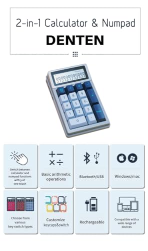 Image of DENTEN 2-in-1 Calculator & Numpad Wireless Mechanical Numeric Keypad with Calculator Function Bluetooth Connectivity Type-C Charging (Blue Switch)