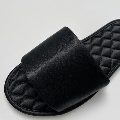 Women's Flat Slippers Satin Open-Toe Bow Rhinestone Pure Color Bridal Flips Hand Sewn Slides Shower Wedding Home Flops House Shoes(39/40 EU, Black)2