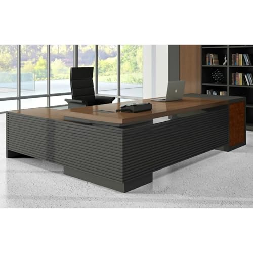 Image of Lakdi The Furniture Co Director L-Shape Table Luxury Modern Office Desk Made in MDF with Wire Manager Side Unit and Openable Storage- Brown & Grey - LDL-597