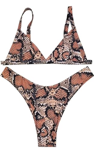 Bikini de Dos Piezas con Estampado de Serpiente, Triangular, Tiro Alto, Marrón y Negro (FR/ES, Letras, M, Regular, Regular, Anaranjado)