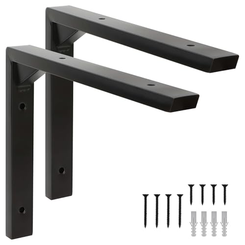 Terafeels L字型 吊り棚金具, 棚受けブラケット, 目立たない 棚補強用 ビス付属 アイアン製 ,棚うけ 金具 l字金具 (黒 2本 20cm)