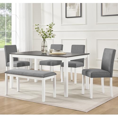 Image of KEIKI 6-Piece Standard Height Dining Table Set with Rectangular Table, 4 Upholstered Curved Backrset Chair, Bench, for 6 Person, Modern Table Set, Easy Assembly, for Kitchen, Dining Room, White+Gray
