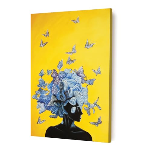 Image of PAINTINGMANTRA Stretched Modern Canvas Wall Art Painting, Women Blue Butterflies Artwork for Living Room, Home, Bedroom, Office Decoration (Set of 1, 16x22 Inch)