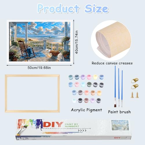 Image of HASTHIP DIY Paint by Number Kit for Adults, Coastal Porch Ocean View Landscape Painting Art Work with Frame, DIY Acrylic Paint by Numbers Canvas Wall Art Home Decor Gift, 40x50cm