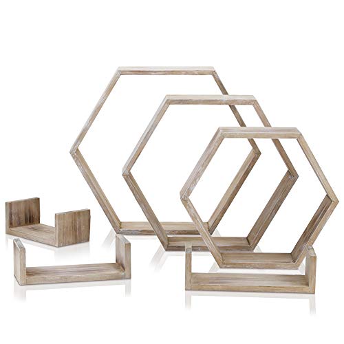 Rr Round Rich Design Wall Shelf Set Of 6 - Rustic Wood 3 Hexagon Boxes And 3 Small Shelves Carbonized #TOP1