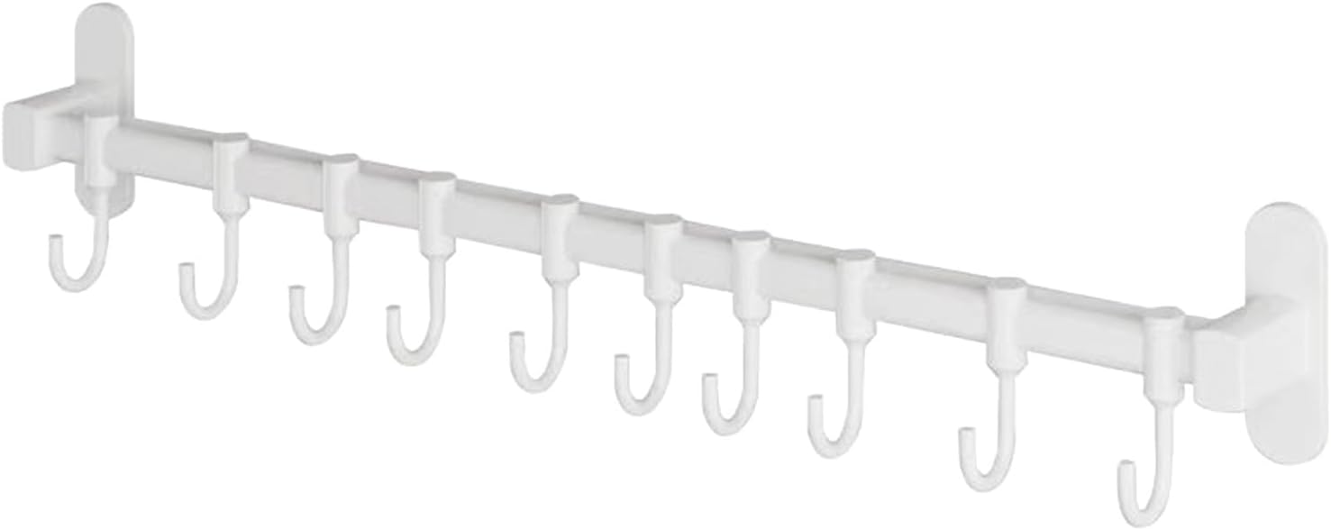 Kitchen Utensil Rack, Pot and Pan Rack Wall Mounted Adhesive Utensil Hanger Kitchen Rail with Sliding Hooks Kitchen Wall Hooks for Hanging Mug (10 Hook 60cm/23.62in)