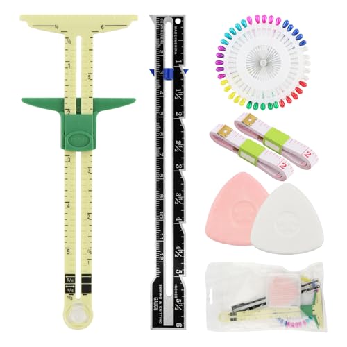 7Pcs Sewing Gauge Measuring Tool, 5-in-1 Sliding Gauge Fabric Quilting Ruler with 2 Tailors Chalk Sewing Pins 2 Tape Measure, T-Shaped Measuring Tool for Sewings Quilting Knitting