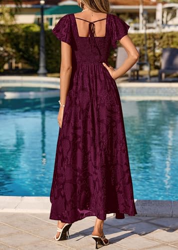 Image of KIRUNDO Bridesmaid Wedding Guest Formal Dresses for Women | Elegant Summer Maxi Dress, Lace Floral Prom Party Cocktail Dress, Smocked Bust, Tie Back, Split A Line Swing, With Pockets