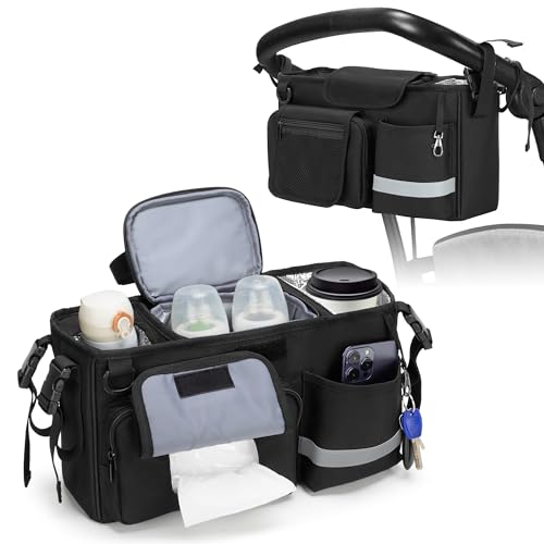 Parent Console Stroller Organizer Compatible with WONDERFOLD W&X, 2 Insulated Cup Holders, A Removable Cooler Bag, Black, Patented Design